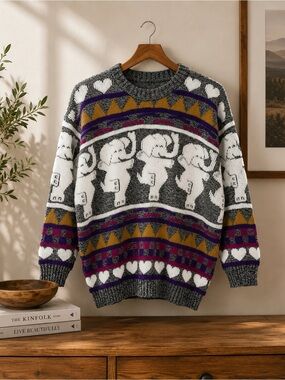 Vintage 1980s Rose Dancing Elephants Heart Geometric Knit Sweater